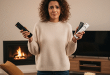 graži moteris laiko tris pultus ir nežino, kaip jais naudotis