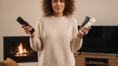 graži moteris laiko tris pultus ir nežino, kaip jais naudotis