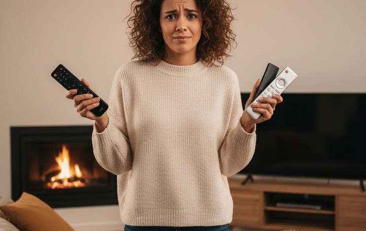 graži moteris laiko tris pultus ir nežino, kaip jais naudotis