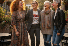 keturios draugės moterys stovi ir juokiasi kavinės kiemelyje