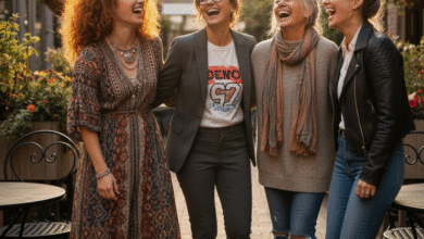 keturios draugės moterys stovi ir juokiasi kavinės kiemelyje