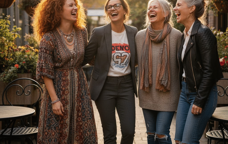 keturios draugės moterys stovi ir juokiasi kavinės kiemelyje