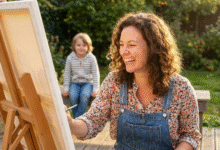 mama laiminga piešia, o vaikas žiūri