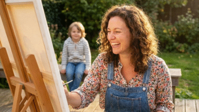 mama laiminga piešia, o vaikas žiūri