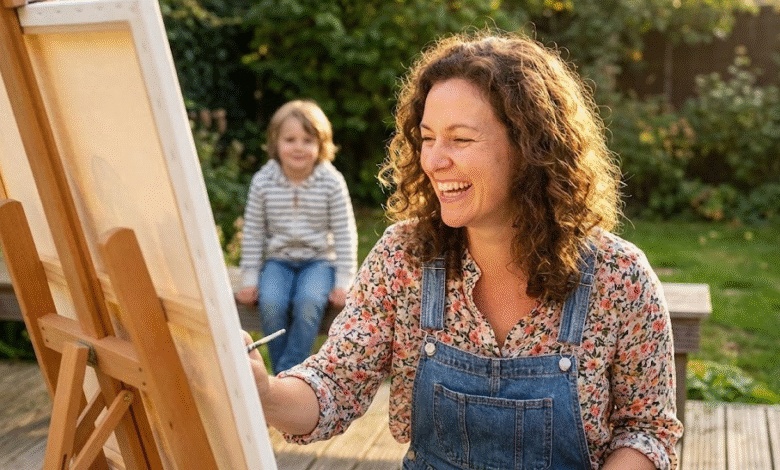 mama laiminga piešia, o vaikas žiūri