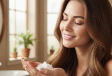 moeris gražiais palukais laiko kokoso aliejų delne