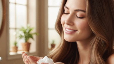 moeris gražiais palukais laiko kokoso aliejų delne