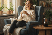 moteris sėdi fotelyje geria arbatą ir skaito knygą