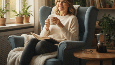moteris sėdi fotelyje geria arbatą ir skaito knygą