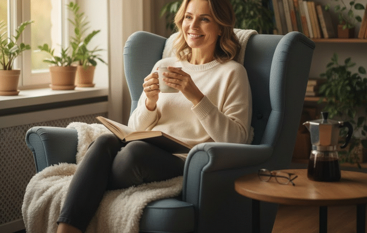 moteris sėdi fotelyje geria arbatą ir skaito knygą