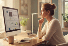 moteris sėdi ofise ir žiūri į monitorių su diagramomis