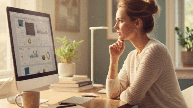 moteris sėdi ofise ir žiūri į monitorių su diagramomis