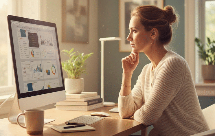 moteris sėdi ofise ir žiūri į monitorių su diagramomis