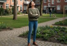 moteris stovi kieme ir mėgaujasi laisve