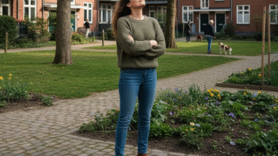 moteris stovi kieme ir mėgaujasi laisve