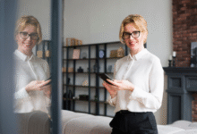 moteris stovi patalpoje ir jos atvaizdas atsispindi stikle