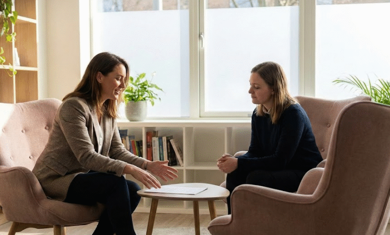 moteris vadovė kalba su darbuotoja ir pateikia atgalinį ryšį