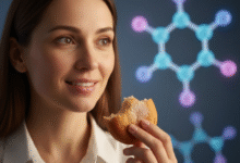 moteris valgo saldžią bandelę. fone matosi molekulės forma