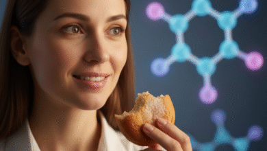 moteris valgo saldžią bandelę. fone matosi molekulės forma