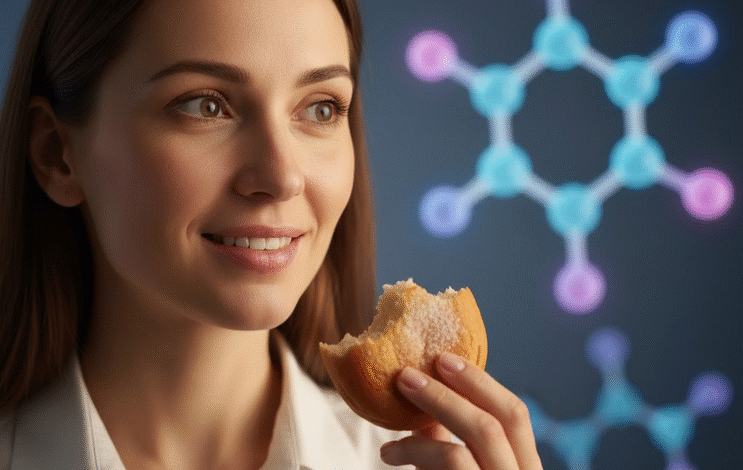 moteris valgo saldžią bandelę. fone matosi molekulės forma