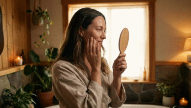 moteris veidrodyje apžiūri savo veido odą