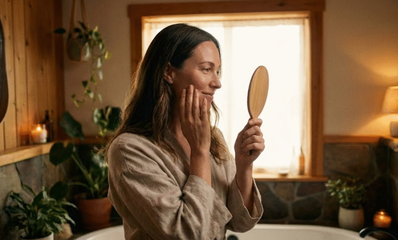 moteris veidrodyje apžiūri savo veido odą