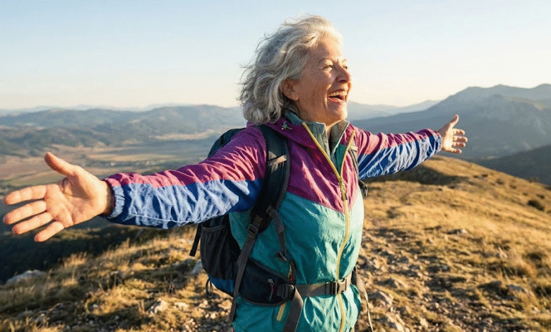 moteris žygiuoja kalnuose ir džiaugiasi laisvės pojūčiu