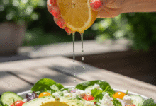 moters ranka spaudžia citrinos sultys ant salotų