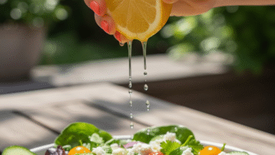 moters ranka spaudžia citrinos sultys ant salotų