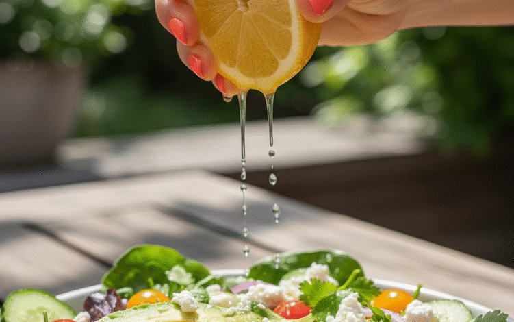 moters ranka spaudžia citrinos sultys ant salotų