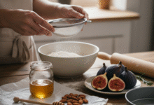 moters rankos gamina pyragą su figomis