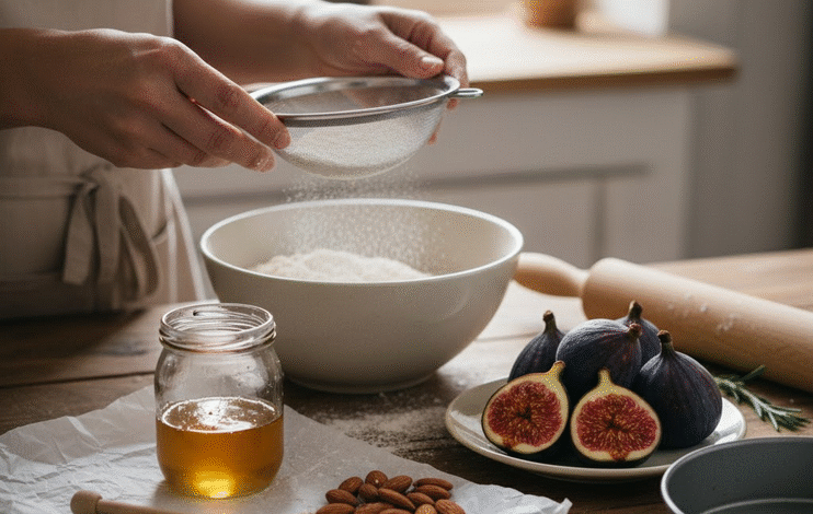 moters rankos gamina pyragą su figomis