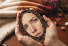 moters rankos laiko veidrodėlį, kuriame atsispindi veido fragmentas