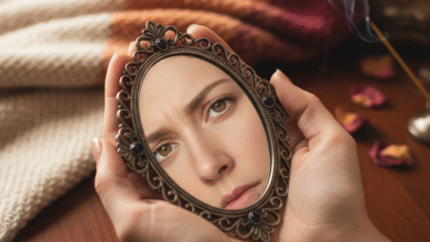 moters rankos laiko veidrodėlį, kuriame atsispindi veido fragmentas