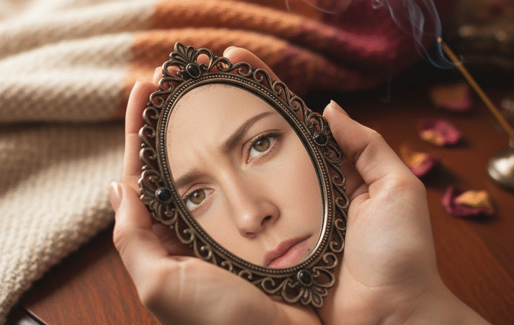 moters rankos laiko veidrodėlį, kuriame atsispindi veido fragmentas