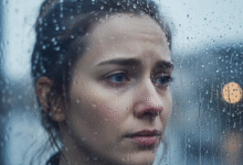 moters veidas žiūri per aplijusį langą