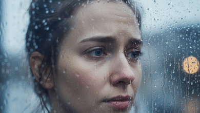 moters veidas žiūri per aplijusį langą