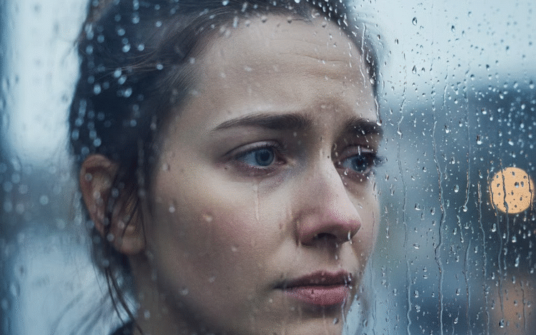 moters veidas žiūri per aplijusį langą