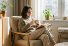 40 metų moteris sėdi fotelyje namie su knyga ir arbatos puodeliu