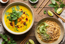 iš viršaus dvi lėkštės patiekalų