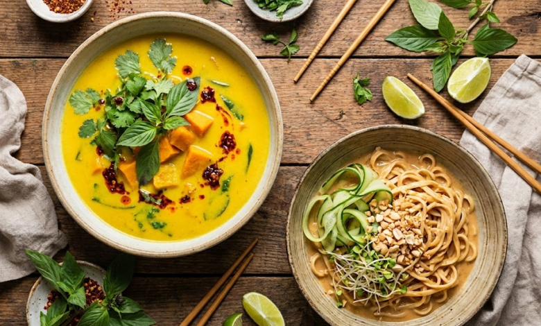 iš viršaus dvi lėkštės patiekalų