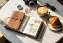 kavinės staliukas, ant kurio padėta kava ir kruasanas