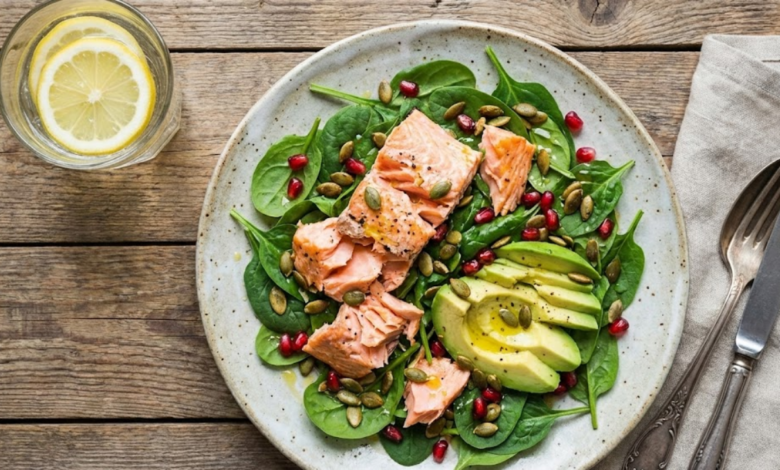 lašišos ir avokado salotos lėkštėje