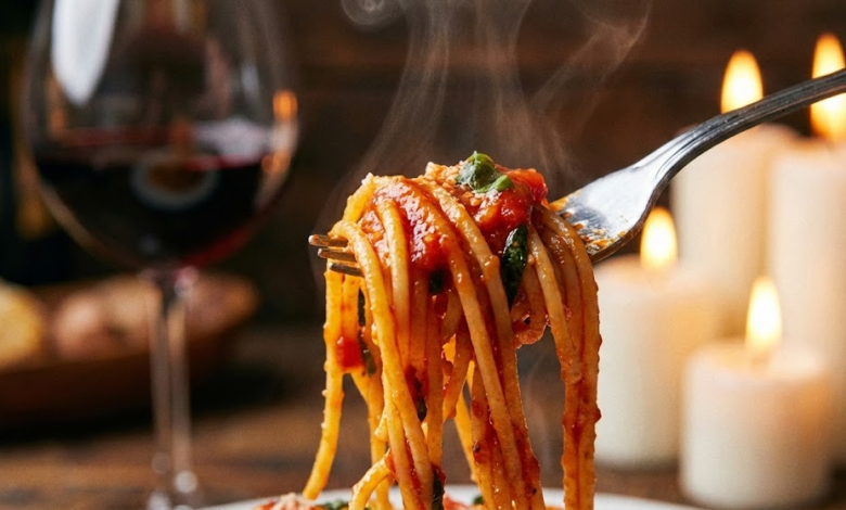 makaronai pakabinti su šakute iš arti