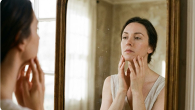 moteris apžiūrinėja savo veido odą veidrodyje