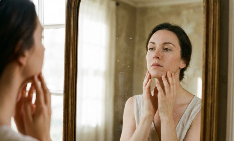 moteris apžiūrinėja savo veido odą veidrodyje
