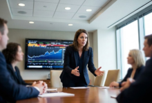 moteris darbe pristatinėja idėją