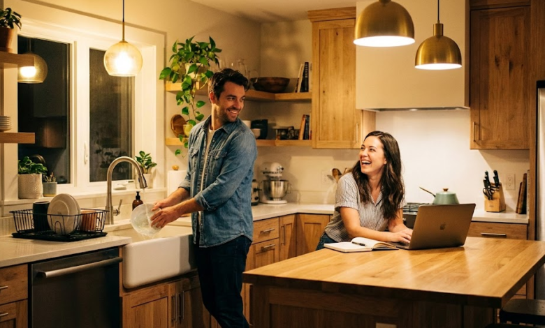 moteris dirba virtuvėje kompiuteriu, vyras plauna indus