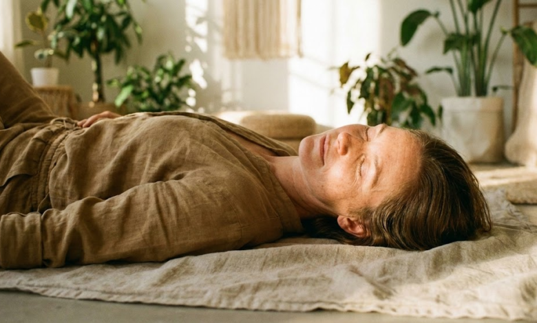 moteris guli atsipalaidavusi ir medituoja