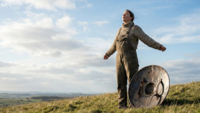 moteris pievoje pasidėjo skydą ir mėgaujasi gaiviu oru